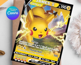 Pikachu Card Birthday Invitation with Picture Photo Printable Editable Template Digital or Printed Invites Birthday Invitation Boy