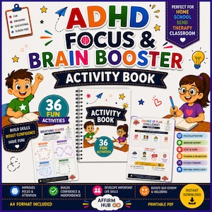 Puede incluir: Un libro de actividades ADHD Focus & Brain Booster con 36 actividades divertidas, una cubierta de espiral con ilustraciones de niños y páginas imprimibles que incluyen un reto Change of Plan y ejercicios de respiración en formato A4.