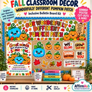 Puede incluir: Un kit de decoración para tablones de anuncios escolares con temática otoñal que incluye el texto Our Wonderfully Different Pumpkin Patch, calabazas coloridas con caras, hojas de otoño y frases motivadoras.