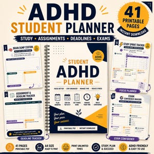 May include: A spiral-bound ADHD student planner with a cream, navy, and yellow cover featuring the text 'Student ADHD Planner'. The set includes printable pages for brain dumps, assignment tracking, study sprints, and exam confidence building.
