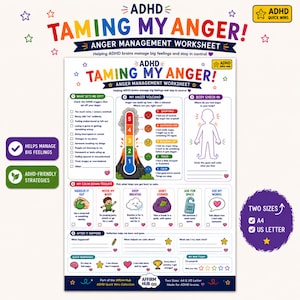 May include: An ADHD anger management worksheet titled Taming My Anger with sections for identifying triggers, a volcano-themed anger scale, a body check-in, a calm-down toolkit with illustrated strategies, reflection prompts, and a daily win tracker.