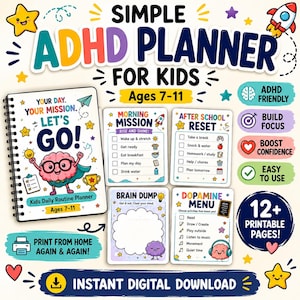 May include: A spiral-bound ADHD planner for kids aged 7-11 featuring colourful graphics such as a brain character, rocket, and stars. The set includes daily routine pages titled Morning Mission, After School Reset, Brain Dump, and Dopamine Menu.
