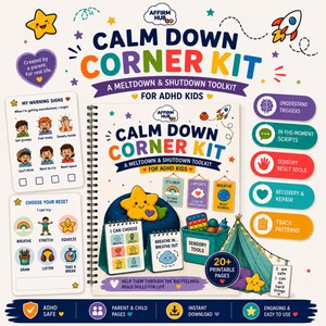 以下が含まれることがあります： ADHDの子供向けの「Calm Down Corner Kit」。スパイラル綴じのワークブック、「My Warning Signs」と「Choose Your Reset」というタイトルの2枚の指示カード、トリガー、スクリプト、感覚ツール、回復、パターンを詳述する5つのカラフルなサイドタブが含まれています。