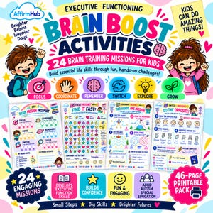 May include: A colorful educational activity pack titled Executive Functioning Brain Boost Activities with 24 brain training missions for kids. The cover features illustrations of two children, icons for focus, coordination, memory, and growth, and sample activity pages.
