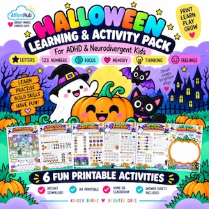 Könnte beinhalten: Ein Halloween-Lern- und Aktivitätspaket für ADHS- und neurodivergente Kinder mit sechs druckbaren Arbeitsblättern. Das bunte Design zeigt einen Geist, einen Kürbis und eine schwarze Katze sowie Text zu Buchstaben, Zahlen, Fokus, Gedächtnis und Gefühlen.