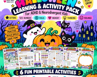 Könnte beinhalten: Ein Halloween-Lern- und Aktivitätspaket für ADHS- und neurodivergente Kinder mit sechs druckbaren Aktivitäten. Die bunte Grafik zeigt ein Gespenst, einen Kürbis, eine schwarze Katze, eine Fledermaus und erklärenden Text.
