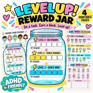 May include: A printable reward jar system featuring the text LEVELUP! REWARD JAR, ADHD FRIENDLY, and 4 PRINTABLE PAGES. The design includes a large jar graphic divided into three levels with icons for trophies, stars, and lightning bolts for tracking tasks.