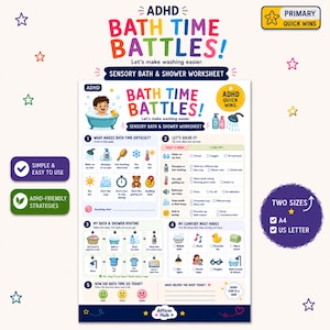 Könnte beinhalten: Ein farbenfrohes, sensorisches Arbeitsblatt für Bad und Dusche mit dem Titel ADHD Bath Time Battles. Das Dokument enthält Abschnitte zur Identifizierung von Schwierigkeiten, Problemlösungen, Routineverfolgung und Komfortartikeln.