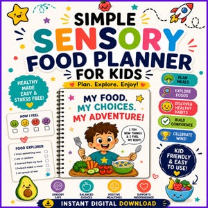 May include: A spiral-bound Simple Sensory Food Planner for Kids featuring a cartoon child with a fork and spoon, surrounded by colourful illustrations of vegetables, a rocket, stars, and text including My Food, My Choices, My Adventure.