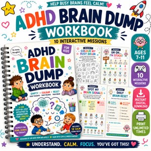 May include: A spiral-bound ADHD Brain Dump Workbook for kids featuring colourful illustrations of children, brain icons, and text. The cover and interior pages include 10 interactive missions, activities to empty thoughts, colour feelings, and reset the brain.