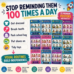 Könnte beinhalten: Ein Set aus 12 digitalen Postern mit visuellen Routinen für Kinder, darunter Aufgaben wie Anziehen, Zähneputzen, Schultasche packen, Schuhe anziehen und Spielzeug aufräumen. Die Poster verwenden farbenfrohe Illustrationen und Text zur Unterstützung.