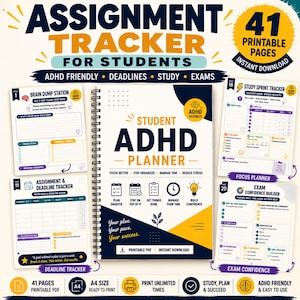Op de afbeelding: Een printbare set met een ADHD-planner voor studenten en een opdrachten-tracker van 41 pagina's. De omslag toont de tekst Student ADHD Planner met iconen voor planning en tijdbeheer. Bevat pagina's voor notities, deadlines, studietaken en examenvoorbereiding.