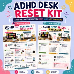 Plakat i lista kontrolna resetu biurka ADHD | Narzędzie do planowania dysfunkcji wykonawczych | Czyszczenie ADHD do druku w formacie PDF