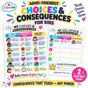 May include: Two printable educational charts titled Choices & Consequences for Kids, featuring colourful illustrations and text. The charts outline behavioural scenarios, consequences, and corrective actions, with sections for children to write or draw their own responses.