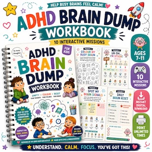 May include: A spiral-bound ADHD Brain Dump Workbook for kids aged 7-11, featuring 10 interactive missions. The cover displays colourful illustrations of children, brain icons, and text including 'Empty, Colour, Reset Your Thoughts Your Feelings Your Brain'.