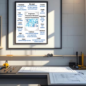 May include: A framed wall poster featuring the text Engineer: Precision Mindset Infinite Possibilities surrounded by blue technical diagrams and motivational phrases including I maintain focus, I create the future, and I embrace every technical challenge.