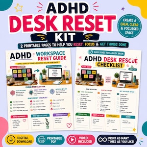 Könnte beinhalten: Ein ADHD Desk Reset Kit bestehend aus zwei druckbaren Seiten mit den Titeln ADHD Workspace Reset Guide und ADHD Desk Rescue Checklist. Die Dokumente enthalten farbigen Text, Symbole und Checklisten zur Organisation des Arbeitsplatzes.