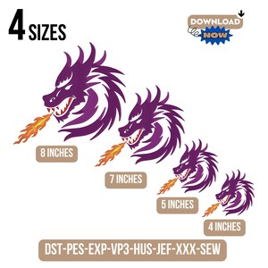 May include: A graphic featuring four purple dragon heads breathing fire, available in 4 sizes: 8 inches, 7 inches, 5 inches, and 4 inches. The text "4 SIZES" and "DOWNLOAD NOW" are also present.