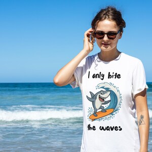 Shark Surfer T-Shirt, Beach Tee, Ocean Lover Shirt, Funny Wave Bite Top, Surfing Graphic Tee