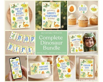 Dinosaur 1st Birthday Invitation Bundle, Dinosaur Birthday Invite, 1st Birthday Boy, Dinosaur Party Decorations, Printable Party Kit, d20g