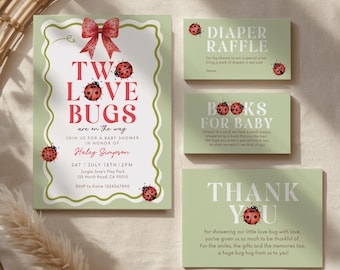 Twin Love Bugs Baby Shower Invitation Suite, Ladybug Joint Baby Shower Bundle, Sage Green Gender Neutral, Digital Editable Canva Template