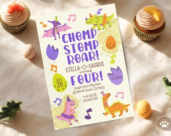 Dinosaur Birthday Invitation, Girls Dinosaur Invite, Roarsome Birthday, Editable Printable (Digital Download) d82p