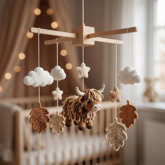 Crocheted Highland Cattle Baby Mobile, Boho Farm Nursery Decor, Highland Cow Baby Mobile Crochet, Handmade Neutral Nursery Decor