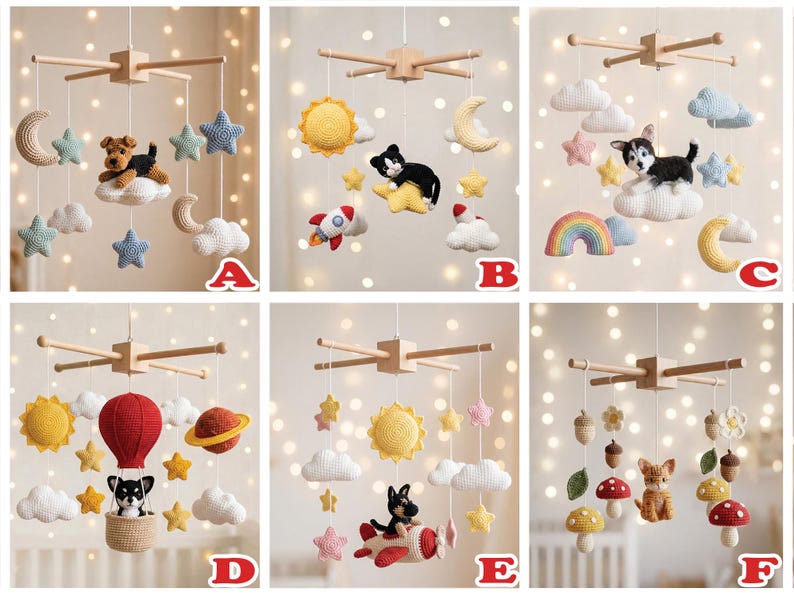 Babymobiel met gehaakte hond en kat, op maat gemaakte gehaakte hond en kat, babymobiel voor de babykamer, babywiegmobiel, cadeau voor babyverzorger, cadeau voor de eerste maand afbeelding 2