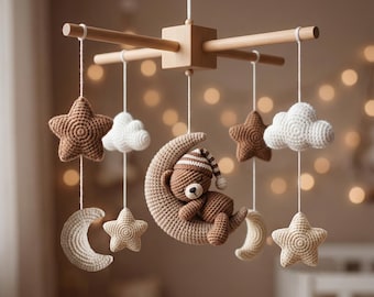Gehaakte teddybeer maan baby mobiel, slapende beer kwekerij decor, babybedje kwekerij decor, babyshower cadeau, gehaakte maan kwekerij mobiel