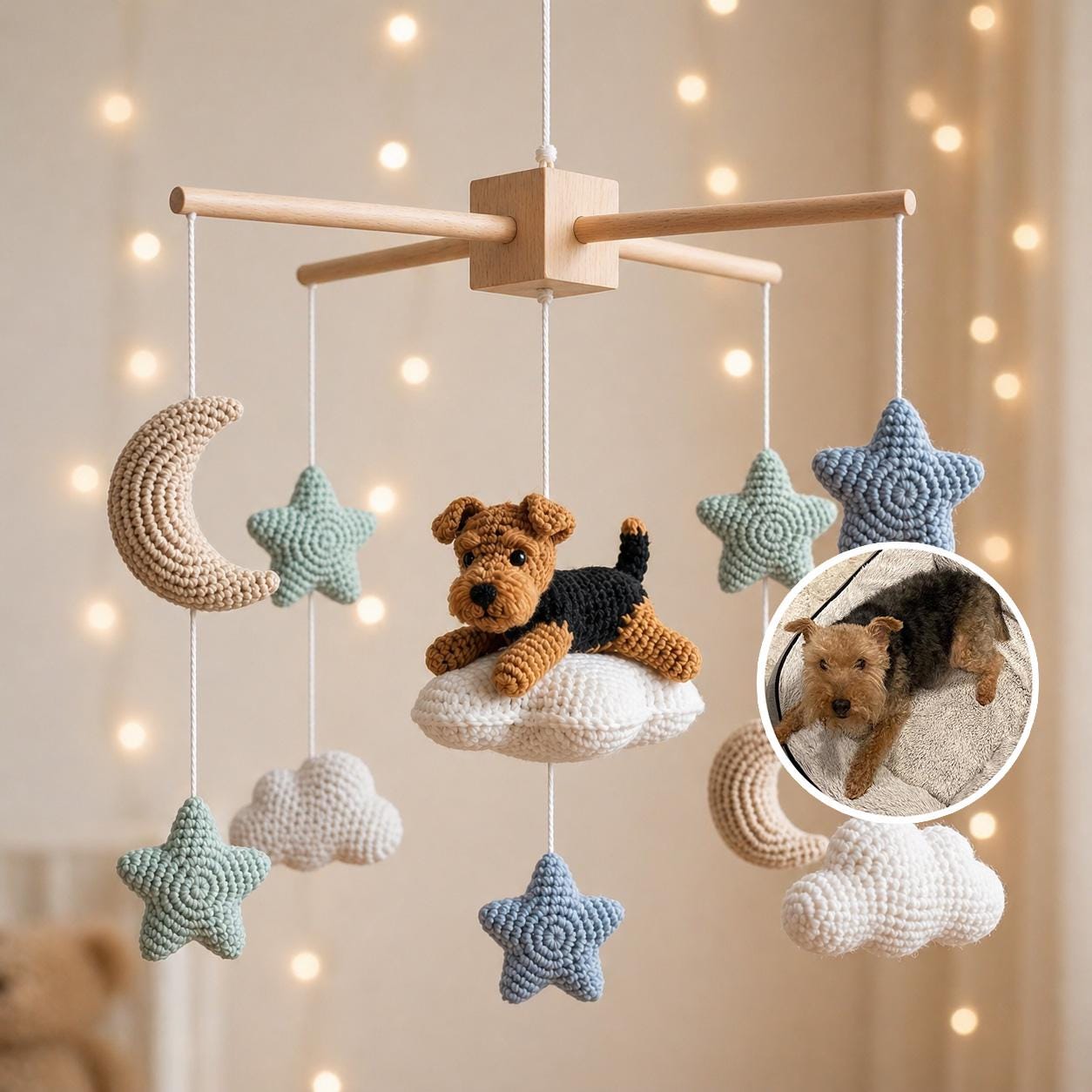 Baby Mobile with Crocheted Dog Cat, Custom Crochet Dog Cat, Nursery Mobile For Baby, Baby Crib Mobile, Nursery Worker Gift, First Month Gift