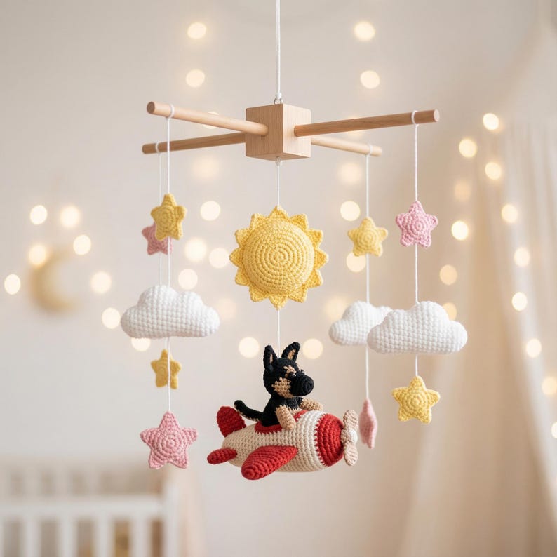 Babymobiel met gehaakte hond en kat, op maat gemaakte gehaakte hond en kat, babymobiel voor de babykamer, babywiegmobiel, cadeau voor babyverzorger, cadeau voor de eerste maand Style E