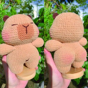 May include: A handmade, tan crochet capybara plushie with brown ear accents, a light brown face, and pink cheeks. The plushie is mounted on a small wooden base. The capybara has a unique design with a visible rear.