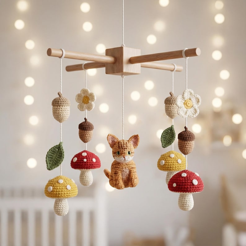 Op de afbeelding: Een hangende mobiel met een centraal houten kruisframe waaraan witte koorden gehaakte figuren vasthouden, waaronder een rosse kat, rode en gele paddenstoelen met witte stippen, groene bladeren, beige eikels en witte bloemen met gele harten.