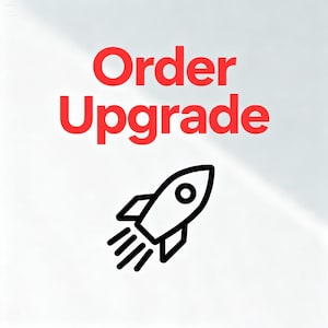 Op de afbeelding: Witte achtergrond met de rode tekst "Order Upgrade" boven een zwart raketpictogram met uitlaatsporen. De raket heeft een rond venster.