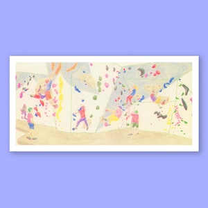 May include: A colorful pencil drawing depicts people climbing on an indoor rock climbing wall. The wall is light beige with colorful holds. Climbers wear various colored clothing, including red, yellow, and blue. The background is a light blue.