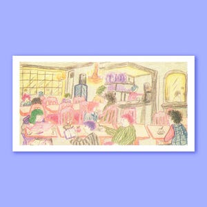 May include: A colorful illustration of a cafe scene, with patrons seated at tables. The artwork features a warm color palette, with pink, yellow, and green hues. The style is reminiscent of a hand-drawn sketch.