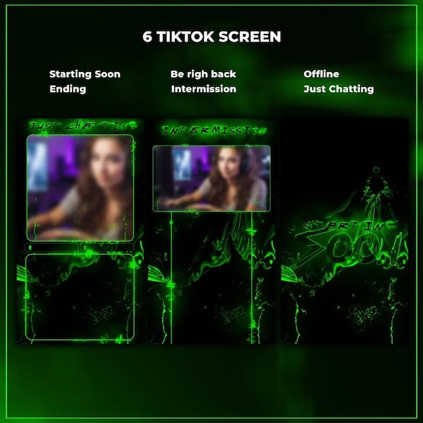 Paquete de pantallas animadas de TikTok: superposición de transmisión verde para Twitch, disponible próximamente, chat.