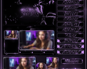 Twitch Overlay Pack Purple Violet Neon Glitch | Animated Stream Bundle Screens Alerts Panels | OBS Kick YouTube TikTok VTuber Gaming Kit