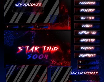 Paquete de superposiciones de Twitch rojo, azul y neón animado / Paquete de transmisión de esports, alertas, paneles, pantallas, OBS, Streamlabs / Kit de juegos para VTubers de YouTube