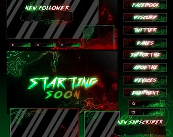 Paquete de superposiciones de Twitch rojo, verde y neón para deportes electrónicos / Paquete de alertas de transmisión con efecto glitch animado / OBS Streamlabs Kick YouTube VTuber Gaming Kit
