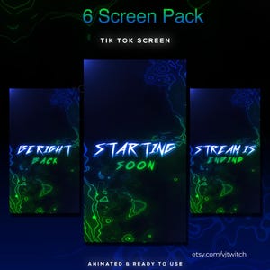 Op de afbeelding: Digitaal grafisch ontwerp met drie verticale schermen. De schermen tonen tekst in neonstijl, waaronder zinnen als "Be Right Back", "Starting Soon" en "Stream is Ending". Het ontwerp maakt gebruik van een donkerblauw en groen kleurenschema met een topografisch patroon.