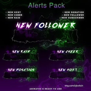May include: A digital graphic with a purple and black background, featuring neon green and purple text. The words "Alerts Pack" are at the top. Text includes "New Follower," "New Raid," "New Cheer," "New Donation," and "New Host."