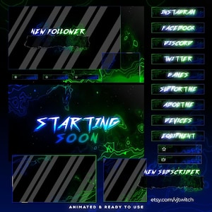 Animated Twitch Overlay Blue Green Neon: Stream Package with Panels, Alerts, Topography Screens