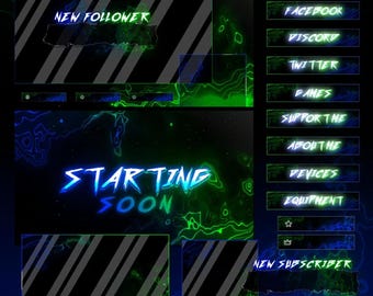 Twitch Overlay Pack Blue Green Neon | Animated Stream Kit for OBS | Cyberpunk Panels Alerts Screens | YouTube Kick VTuber Gaming Overlay