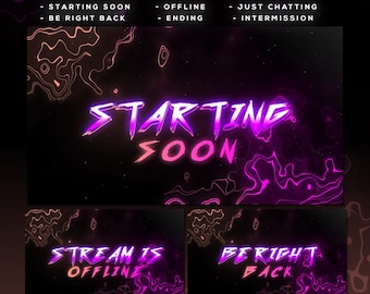 May include: A digital graphic pack for streaming, featuring six animated screens. The screens have a dark background with neon pink and purple accents. Text includes "Starting Soon," "Offline," and "Be Right Back."