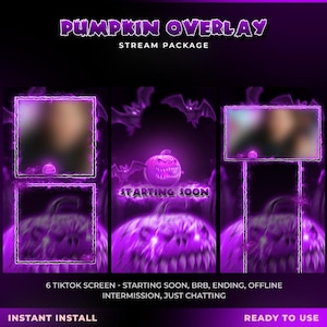 May include: A purple Halloween-themed stream package with the text "Pumpkin Overlay" and "Stream Package." The design includes a carved pumpkin, bats, and the words "Starting Soon." It features six TikTok screens for various streaming states.