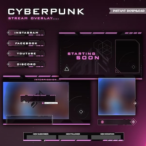 Pink Cyberpunk Animated Twitch Overlay Pack, Glitch Neon Stream Alerts & Panels, Futuristic Vtuber Scenes for OBS and Streamlabs