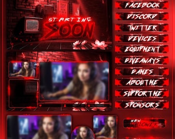 Paquete de superposiciones de Twitch Cyberpunk Rojo Neón Animado / Paquete de Stream con Alertas, Paneles y Escenas para OBS Streamlabs / Kit de Juegos para VTubers de YouTube
