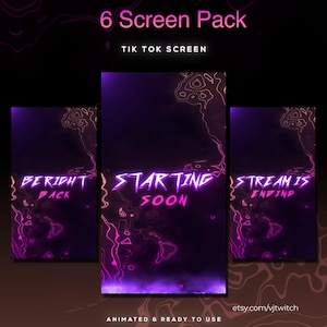 以下が含まれることがあります： 6つのTikTokアニメーションスクリーンデザインの画像。画面は主に紫と黒で、ネオンピンクのアクセントと「Be Right Back」、「Starting Soon」、「Stream is Ending」というテキストが表示されています。「6 Screen Pack」というテキストが上部にあります。