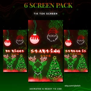 May include: A digital art pack for streaming, featuring a neon Christmas theme. The design includes a red and white ornament, Santa Claus, a reindeer, and a Christmas tree. Text includes "Be Right Back", "Starting Soon", and "Stream is Starting".